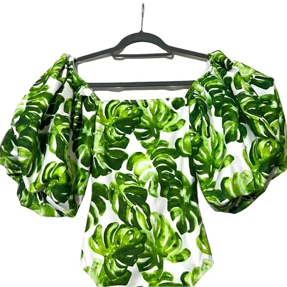 Caroline Constas Nova Off-Shoulder Puff Sleeve One Piece in Green Palm Leaf XS - Picture 5 of 10